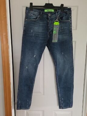 I8 Denim. Men's Slim Fit Distressed Blue Jeans